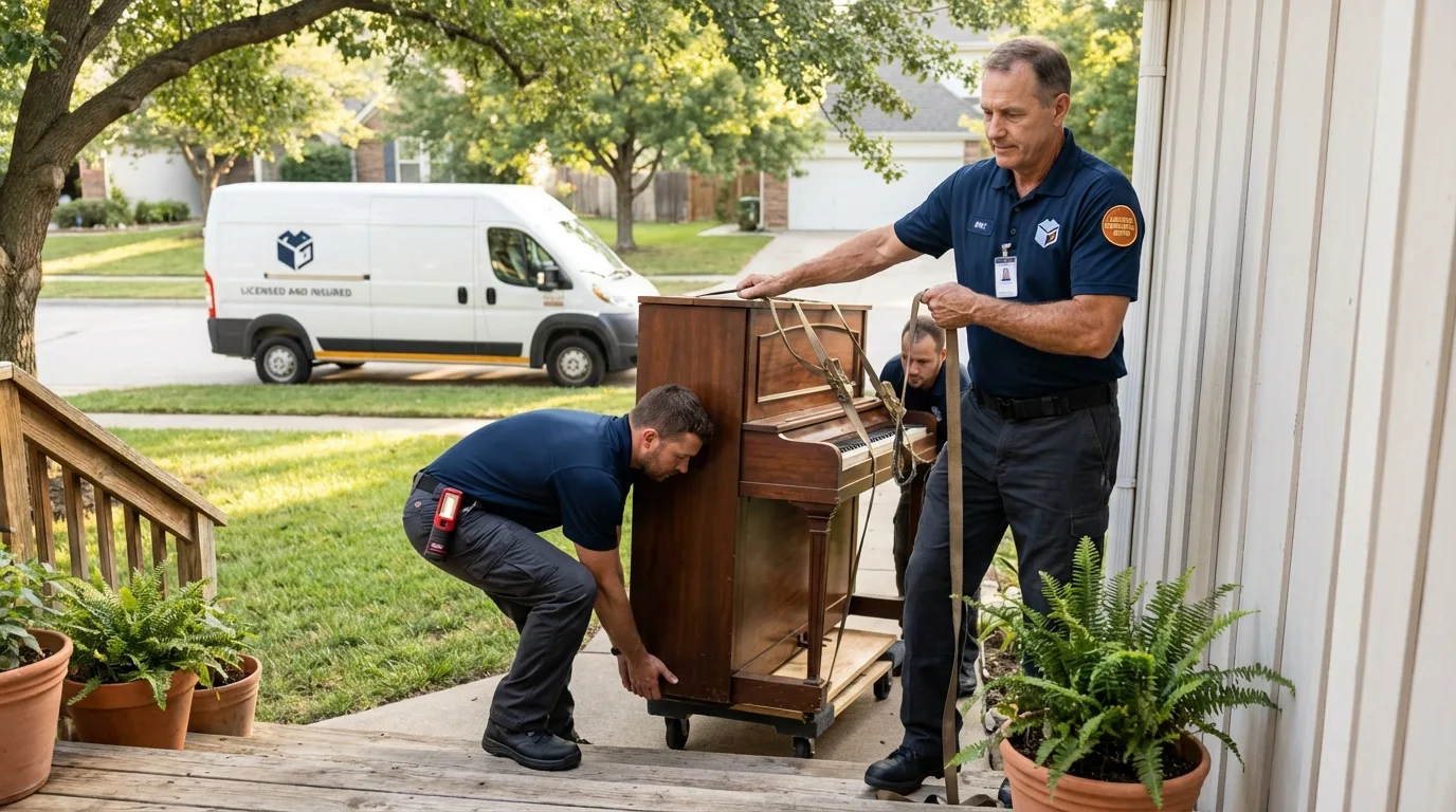 Licensed piano movers securing grand piano in Pittsfield, IL