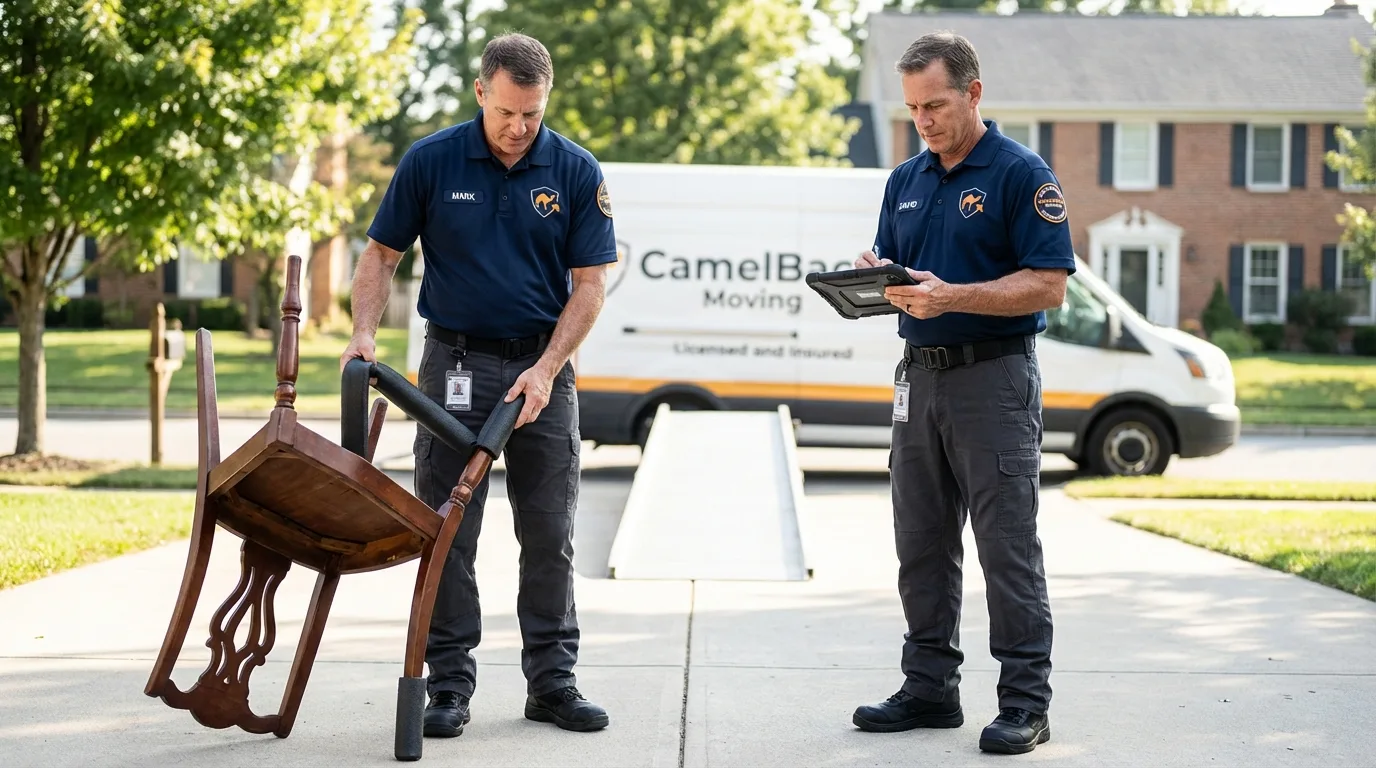 Movers inspecting furniture for damage prevention before loading in Pittsfield, IL