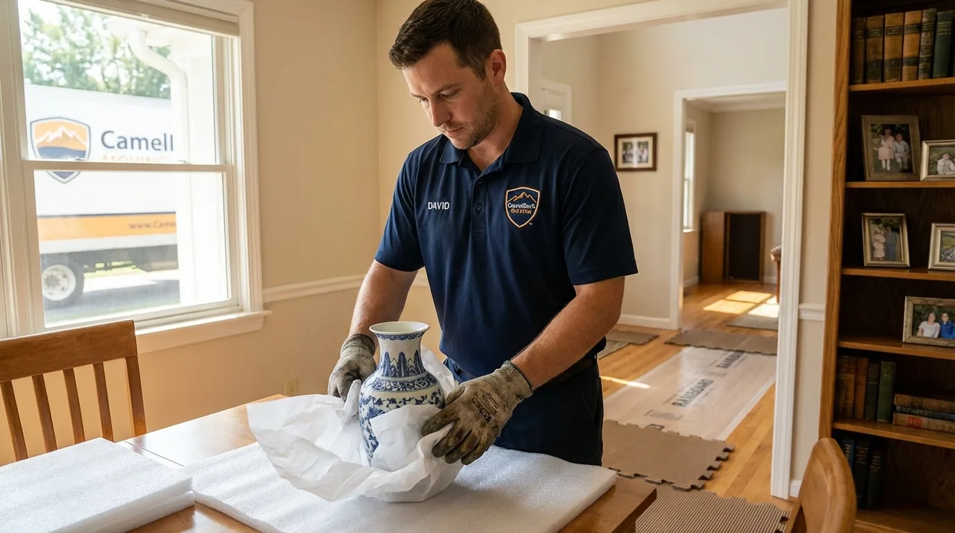 Professional crew carefully wrapping antique vase for senior downsizing move in Pittsfield, IL